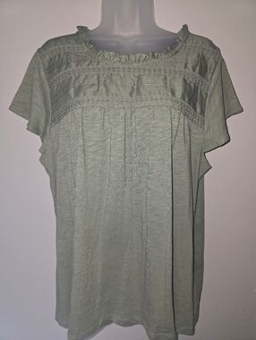 Ella Moss Lace Trim Babydoll Tee Womens Size XL Sage Flutter Sleeve Pintuck Top